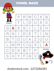 Education game for children vowel maze help cute cartoon man move to sword hat and hook printable pirate worksheet