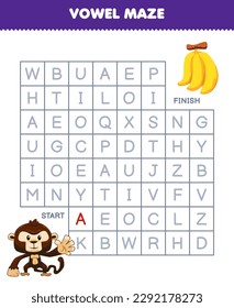 Education game for children vowel maze help cute cartoon monkey move to banana printable animal worksheet