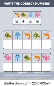 El juego de educación para niños escribe los números correctos en la caja de acuerdo a las fotos de coral de la medusa de gambas lindas en la mesa que se pueden imprimir bajo el agua