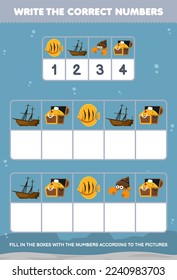 Education game for children write the right numbers in the box according to the cute fish hermit crab treasure pictures on the table printable underwater worksheet