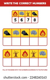 Education game for children write the right numbers in the box according to the cute fire smoke wood charcoal pictures on the table printable nature worksheet
