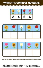 El juego de educación para niños escribe los números correctos en la caja de acuerdo a las fotos de flores tiernas de la tabla hoja de cálculo de naturaleza imprimible