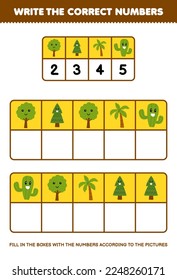 Education game for children write the right numbers in the box according to the cute cactus palm tree pictures on the table printable nature worksheet