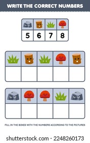 Education game for children write the right numbers in the box according to the cute stone wood log grass mushroom pictures on the table printable nature worksheet