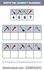 Education game for children write the right numbers in the box according to the cute shovel pickaxe fork axe pictures on the table printable tool worksheet