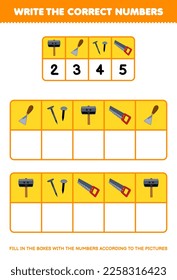 Education game for children write the right numbers in the box according to the cute hammer chisel nail saw pictures on the table printable tool worksheet