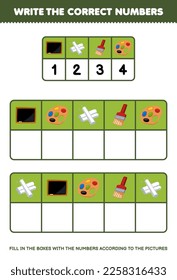 Education game for children write the right numbers in the box according to the blackboard chalk brush palette pictures on the table printable tool worksheet