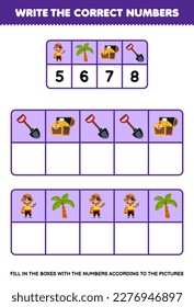 Education game for children write the right numbers in the box according to the cute bald man tree treasure chest shovel on the table printable pirate worksheet