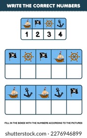 Education game for children write the right numbers in the box according to the cute ship flag wheel anchor on the table printable pirate worksheet