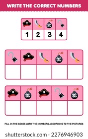 El juego de la educación para los niños escribe los números correctos en la caja de acuerdo con el lindo gancho de la espada de la bomba en la mesa hoja de cálculo pirata imprimible