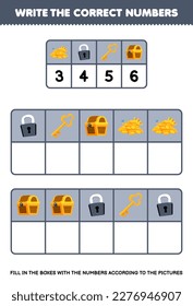 Education game for children write the right numbers in the box according to the cute treasure chest padlock key on the table printable pirate worksheet
