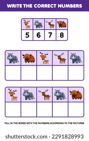 Education game for children write the right numbers in the box according to the cute cartoon deer rhino moose yak on the table printable animal worksheet