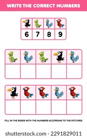 Education game for children write the right numbers in the box according to the cute cartoon toucan parakeet dove parrot on the table printable animal worksheet