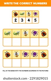 Education game for children write the right numbers in the box according to the cute cartoon ladybug grasshopper bee spider on the table printable animal worksheet