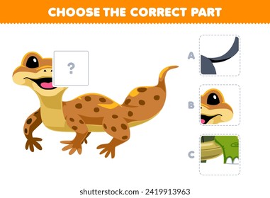 Education game choose the correct part to complete cartoon gecko picture printable pet worksheet