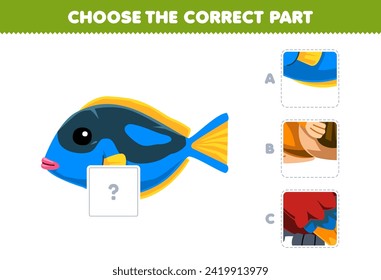 Education game choose the correct part to complete cute cartoon fish picture printable pet worksheet
