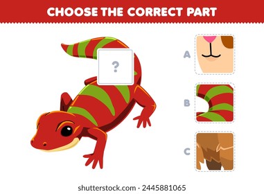 Education game choose the correct part to complete a cute red gecko picture pet worksheet