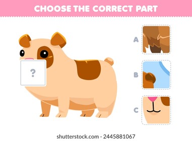 Education game choose the correct part to complete a cute guinea pig picture pet worksheet