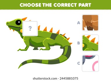 juego de Educación elija la parte correcta para completar una linda hoja de trabajo de mascotas de imagen de iguana verde