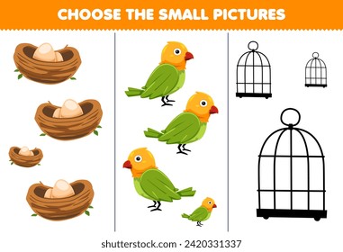 Education game choose the small picture of cute cartoon bird nest and cage printable pet worksheet