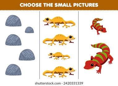 Education game choose the small picture of cute cartoon gecko and stone printable pet worksheet