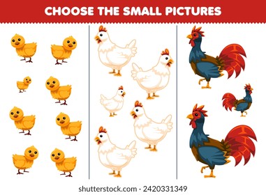 Education game choose the small picture of cute cartoon chicken printable pet worksheet