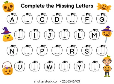 Education game for complete the missing letters with cute cartoon corn candy pumpkin boy costume picture halloween printable worksheet