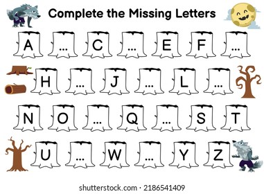 Education game for complete the missing letters with cute cartoon moon and werewolf picture halloween printable worksheet