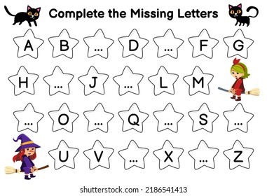 Education game for complete the missing letters with cute cartoon black cat and witch costume picture halloween printable worksheet