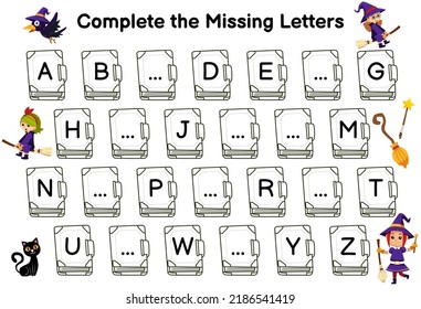 Education game for complete the missing letters with cute cartoon crow black cat broom magic wand witch costume picture halloween printable worksheet
