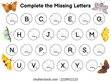 Education game for complete the missing letters with cute cartoon moth picture printable bug worksheet