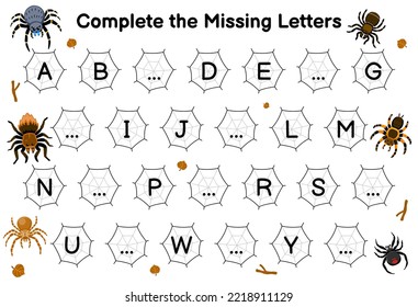 Education game for complete the missing letters with cute cartoon spider picture printable bug worksheet