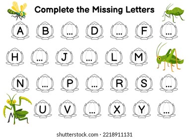 Education game for complete the missing letters with cute cartoon dragonfly aphid grasshopper mantis picture printable bug worksheet