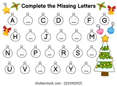 Juego de educación para completar las cartas faltantes con una linda hoja de cálculo de árbol de navidad de caricatura imprimible