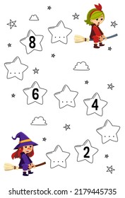 Education game for complete the sequence of number with cute cartoon witch costume picture halloween printable worksheet