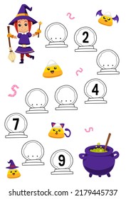 Education game for complete the sequence of number with cute cartoon witch and magic cauldron picture halloween printable worksheet