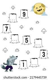 Education game for complete the sequence of number with cute cartoon werewolf and moon picture halloween printable worksheet