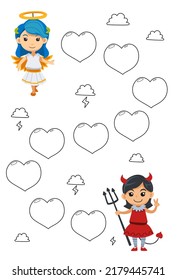 Education game for complete the sequence of number with cute cartoon angel and devil girl costume picture halloween printable worksheet