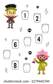 Education game for complete the sequence of number with cute cartoon frankenstein and scientist costume picture halloween printable worksheet