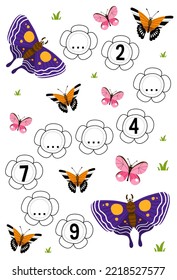 Juego de educación para completar la secuencia del número con una bonita hoja de cálculo de imagen de mariposa de dibujos animados imprimible