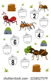 Education game for complete the sequence of number with cute cartoon ant picture printable bug worksheet