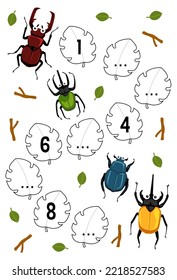 Education game for complete the sequence of number with cute cartoon beetle picture printable bug worksheet