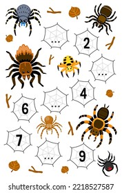 Education game for complete the sequence of number with cute cartoon spider picture printable bug worksheet