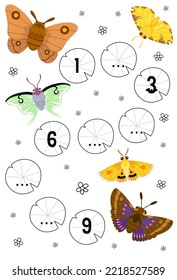 Education game for complete the sequence of number with cute cartoon moth picture printable bug worksheet