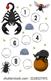 Education game for complete the sequence of number with cute cartoon scorpion fly and beetle picture printable bug worksheet