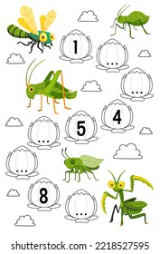 Education game for complete the sequence of number with cute cartoon dragonfly aphid grasshopper and mantis picture printable bug worksheet