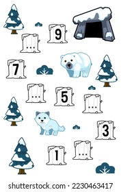 Education game for complete the sequence of number with cute cartoon arctic fox polar bear and den picture printable winter worksheet