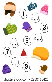 Education game for complete the sequence of number with cute cartoon beanie hat mitten picture printable winter worksheet