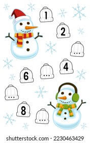 Education game for complete the sequence of number with cute cartoon snowman picture printable winter worksheet