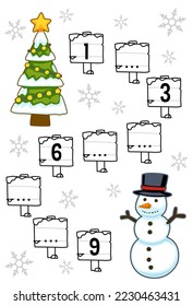 Education game for complete the sequence of number with cute cartoon christmas tree and snowman picture printable winter worksheet